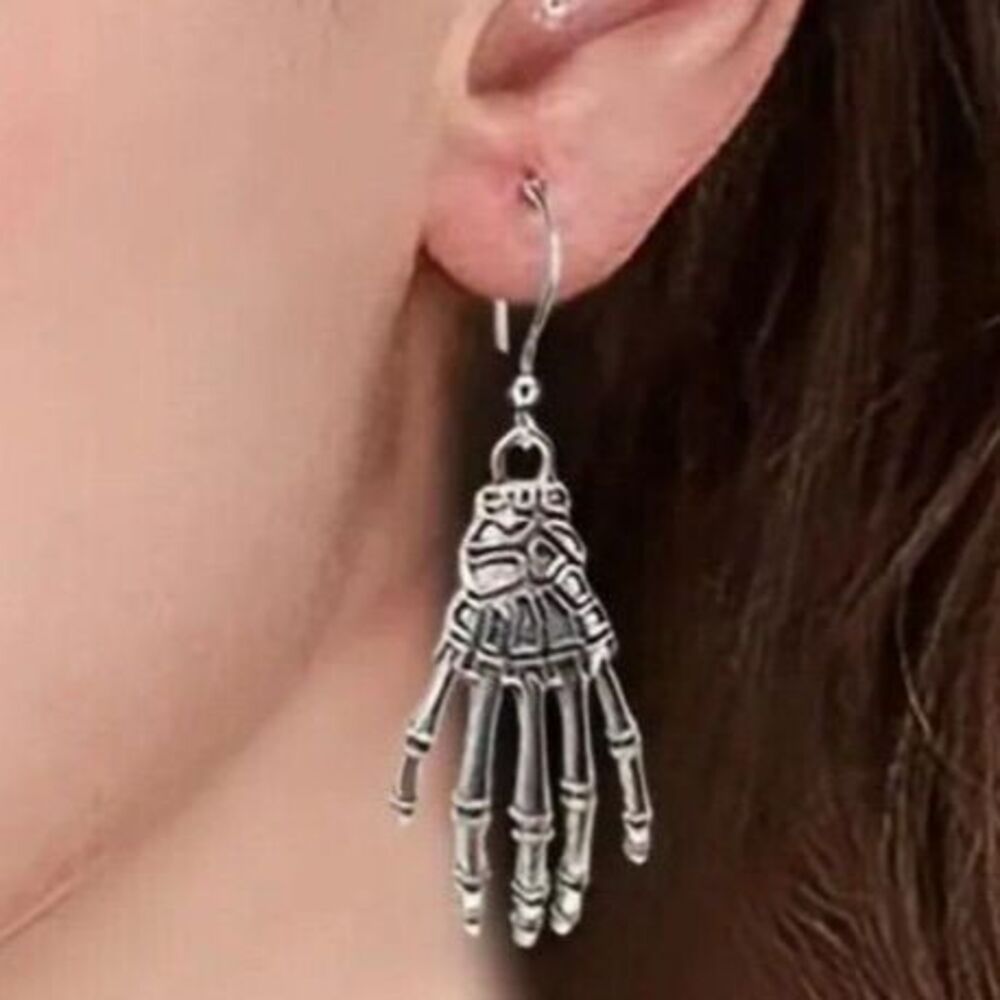 Bone Skeleton Hand Earrings Dangle Halloween Gothic Silver
